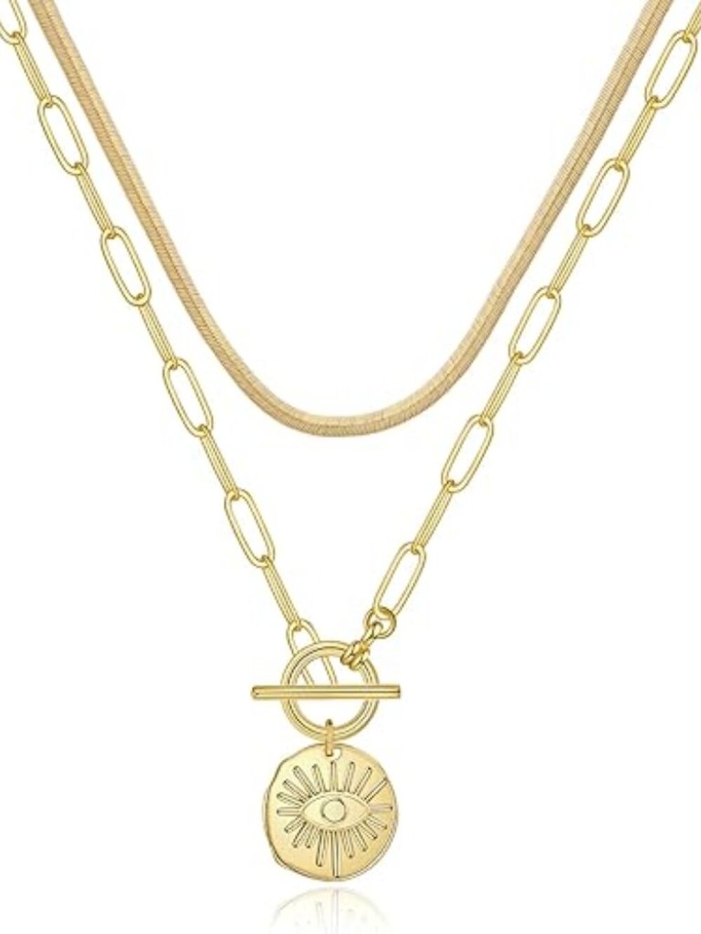 Yoosteel 14K Gold Plated Brass Evil Eye Layer Charm Boho Necklace 16” & 22”
